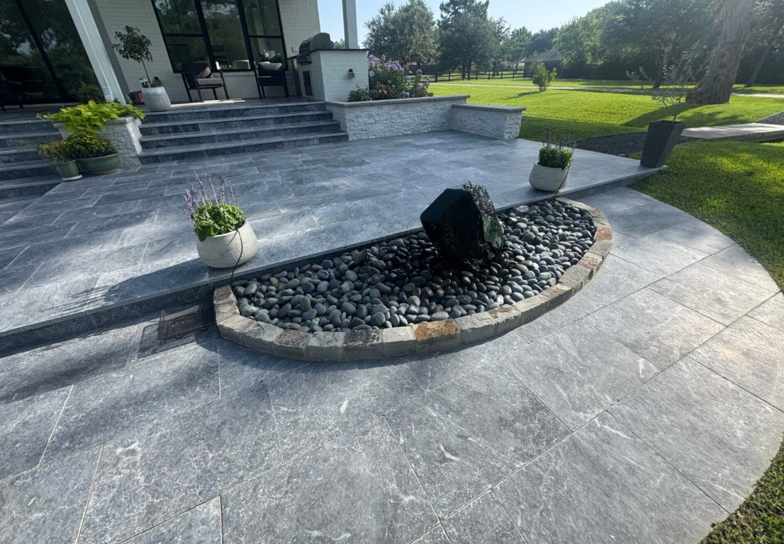 Concrete patio with decorative features in Upland, CA